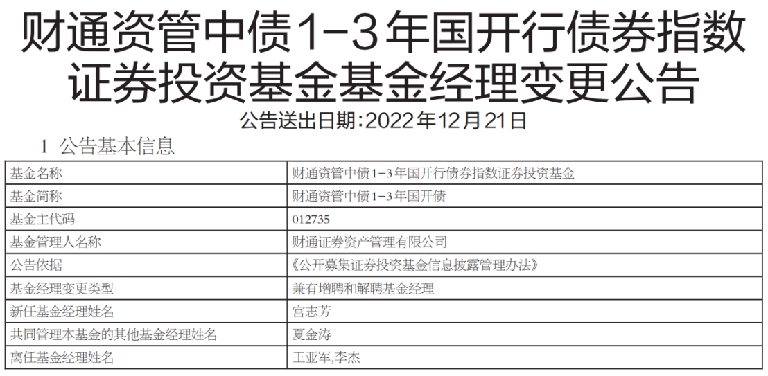 财通资管中债1-3年国开债增聘基金经理宫志芳